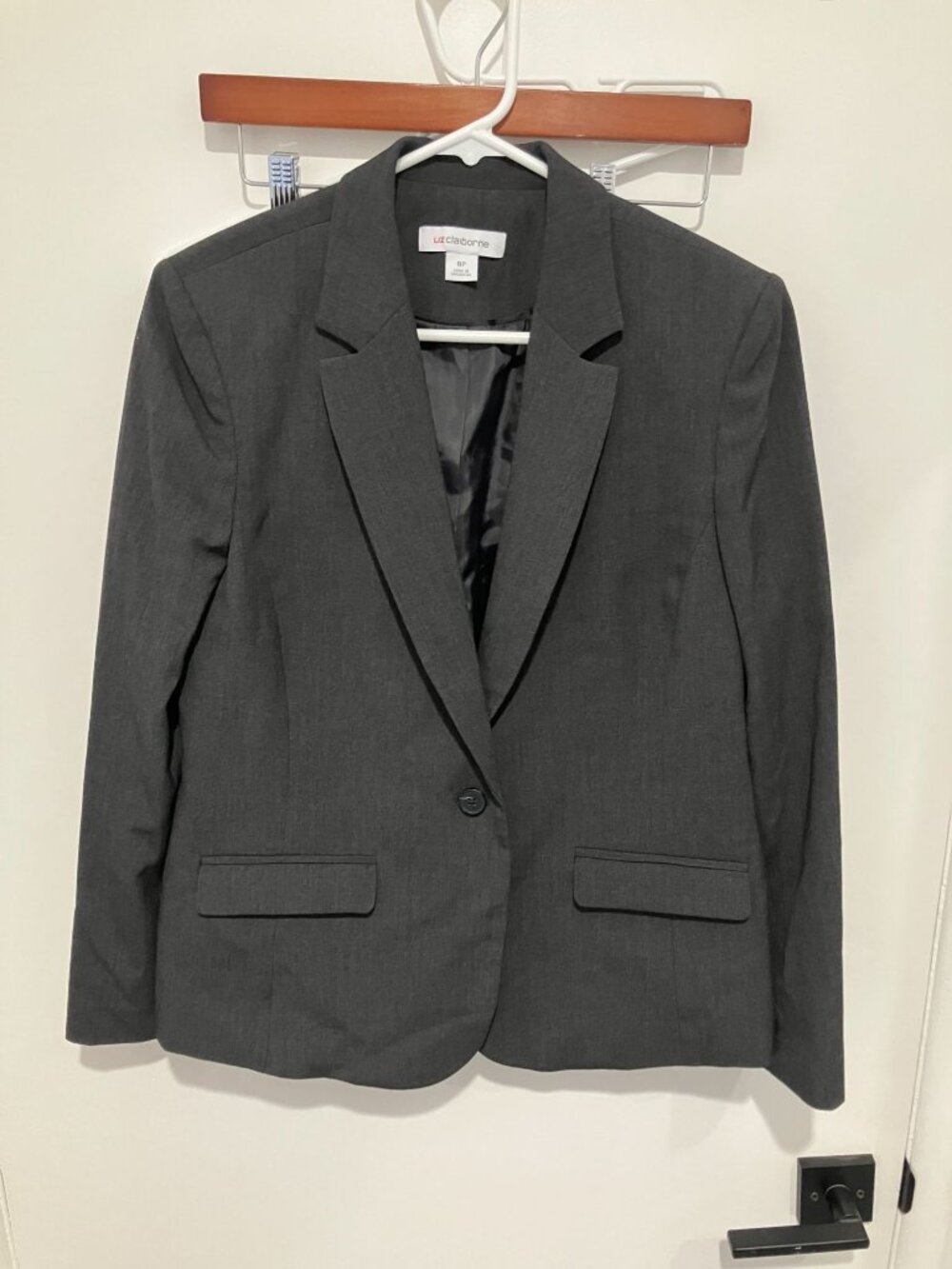 Liz Claiborne Dark Gray Single Button Blazer Jacket 8P Petite Notch Lapel Flap
